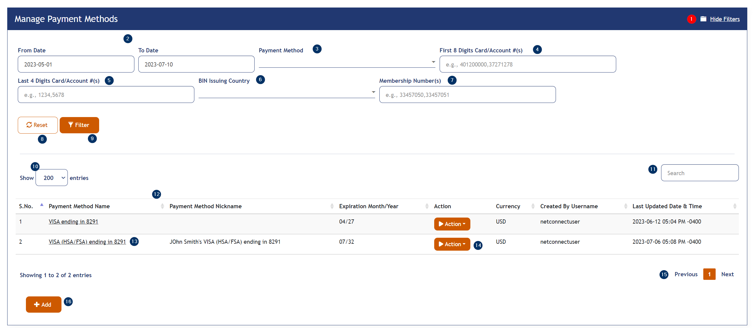 Manage Payment Methods page