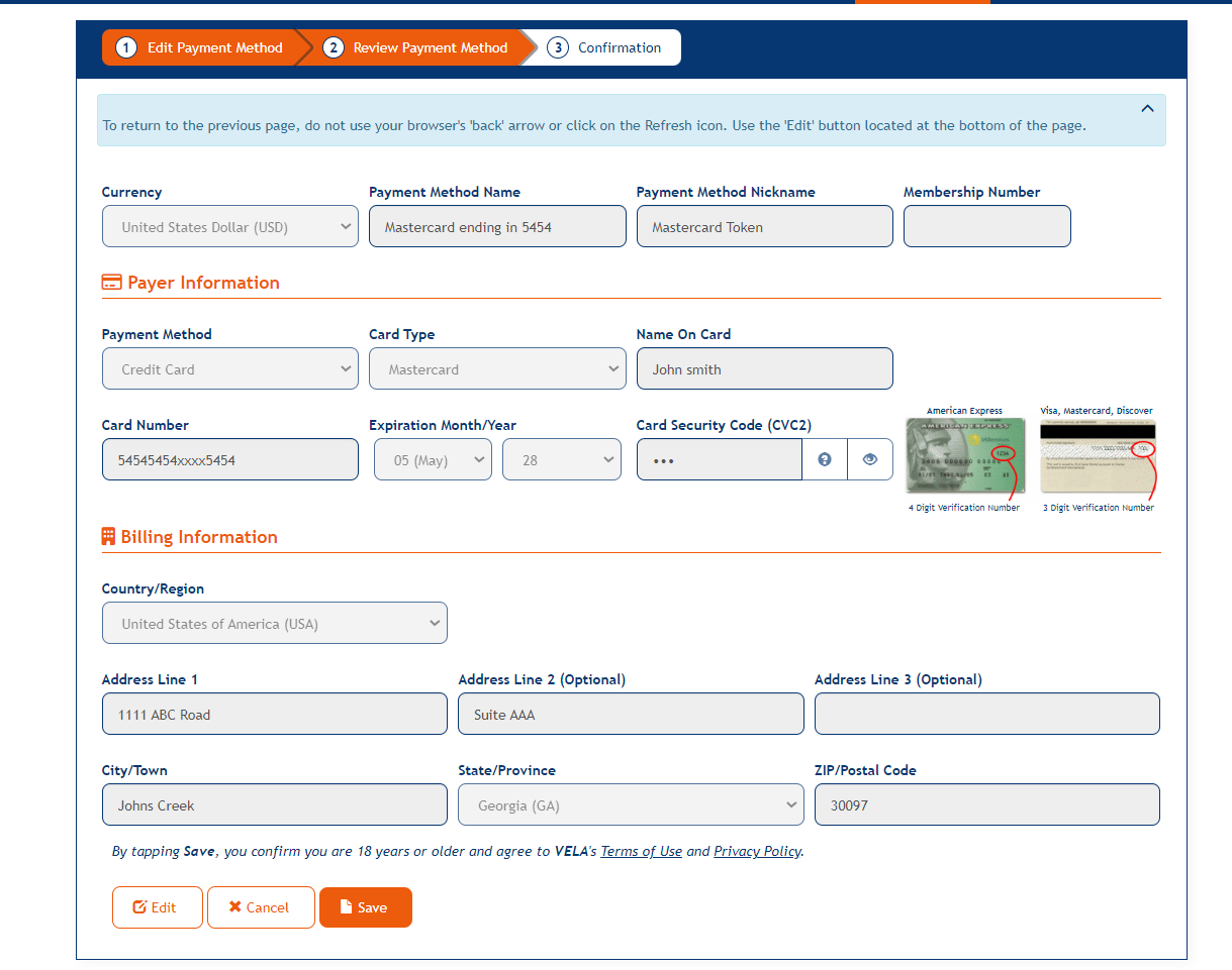 Review Payment Method page