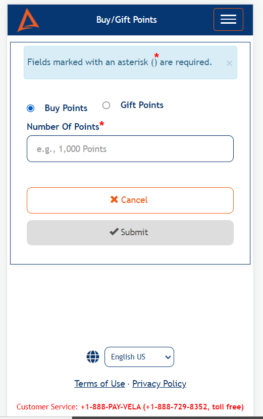 Buy/Gift Points screen