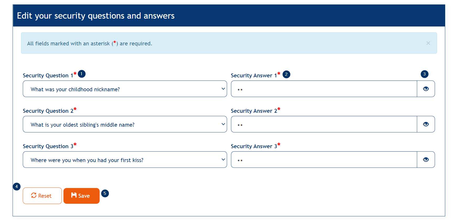 Edit Security Questions screen