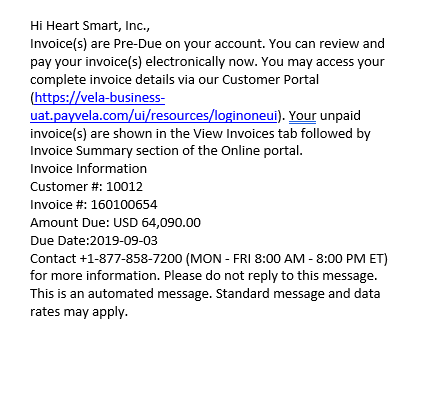 Invoice Pre-due notification Text Message