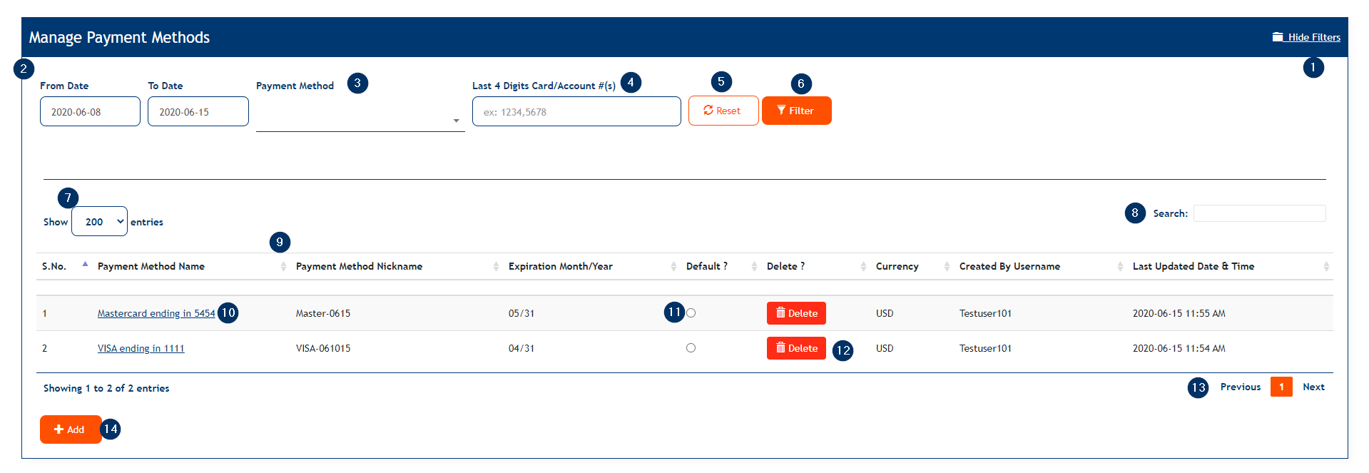 Manage Payment Methods screen