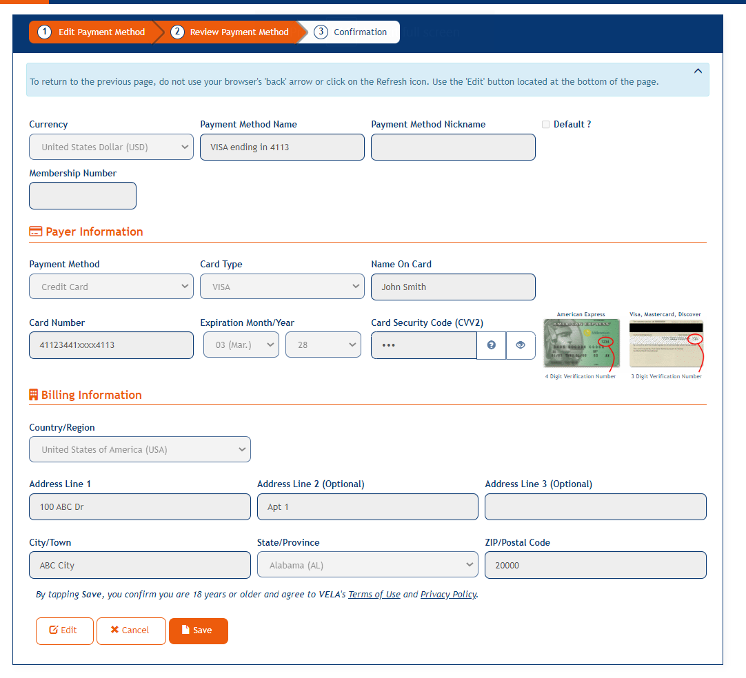 Review Payment Method screen