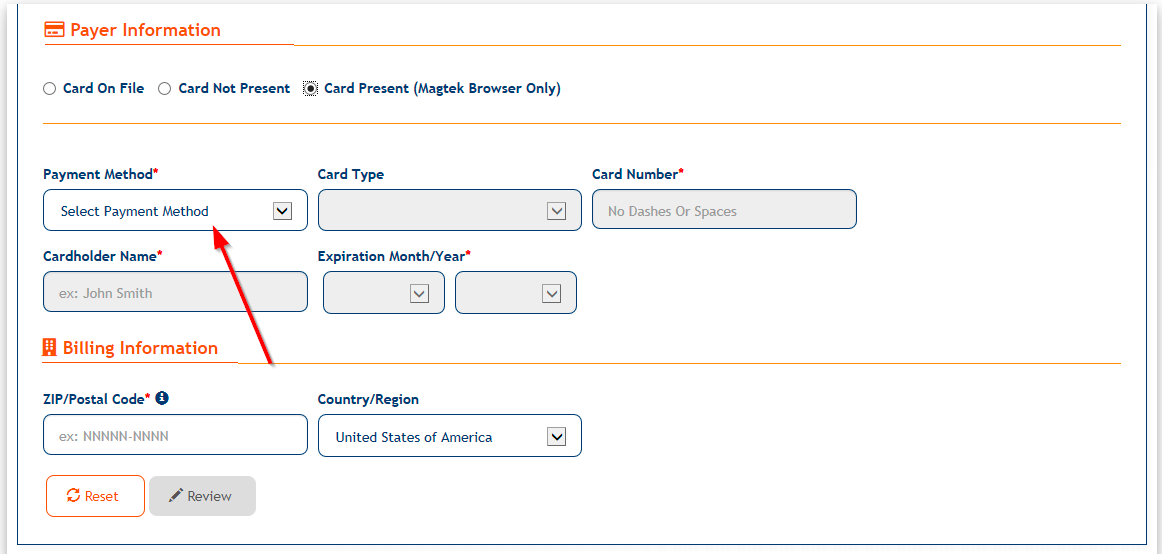 "Select A Payment Method" dropdown